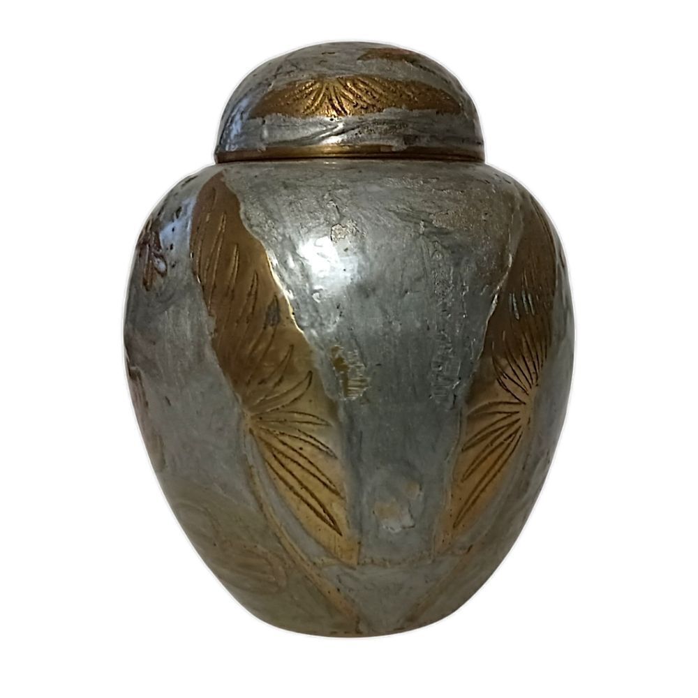 Vintage Brass Ginger Jar Urn Vase Painted Silver Dragonfly Lotus Flowers Patina. - Picture 9 of 16